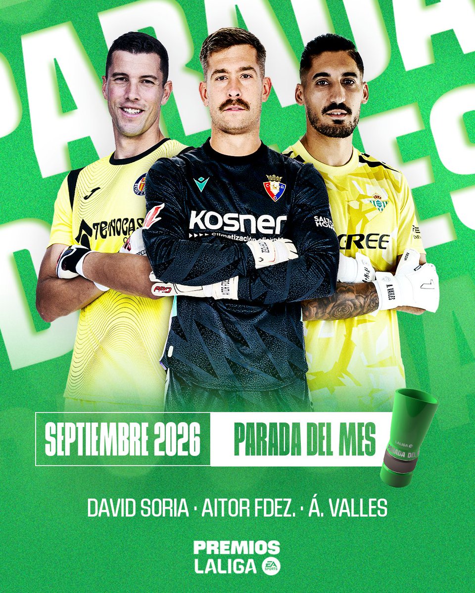 🔝🧤 Vota a la 𝐏𝐀𝐑𝐀𝐃𝐀 𝐃𝐄𝐋 𝐌𝐄𝐒 de septiembre en #LALIGAEASPORTS. ✨ David Soria Solís ✨ Aitor Fernández ✨ Álvaro Valles #LALIGASAVEOFTHEMONTH | #PREMIOSLALIGA