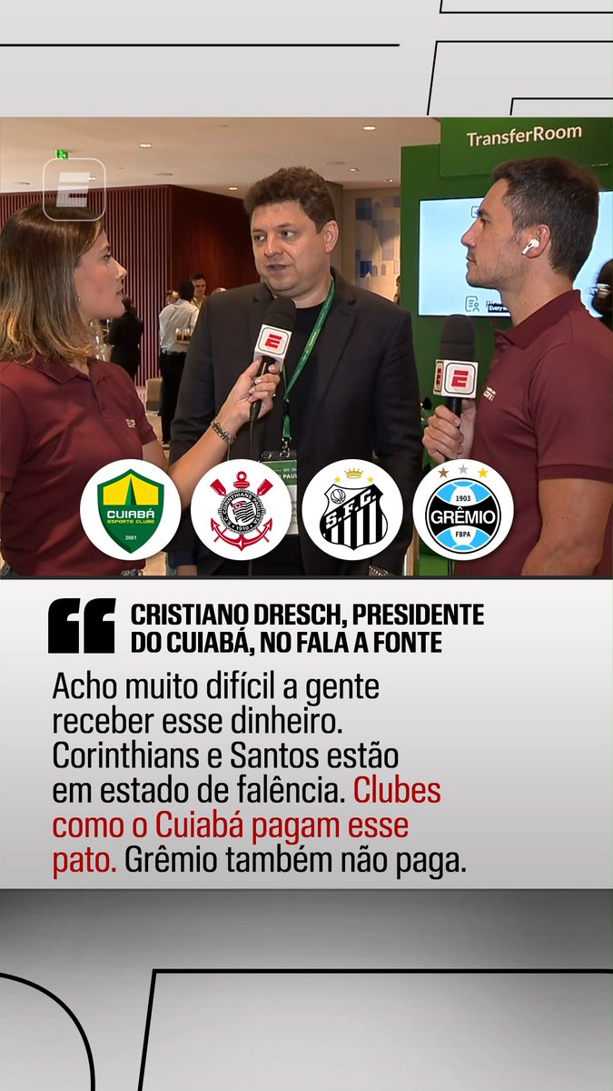 ⚠️ "Acho muito difícil a gente receber esse dinheiro. Corinthians e Santos estão em estado de falência. Clubes como o Cuiabá pagam esse pato. O Grêmio também não paga." 🎙️ Cristiano Dresch, presidente do Cuiabá. 🎥 ESPN Brasil | SportsCenter Brasil