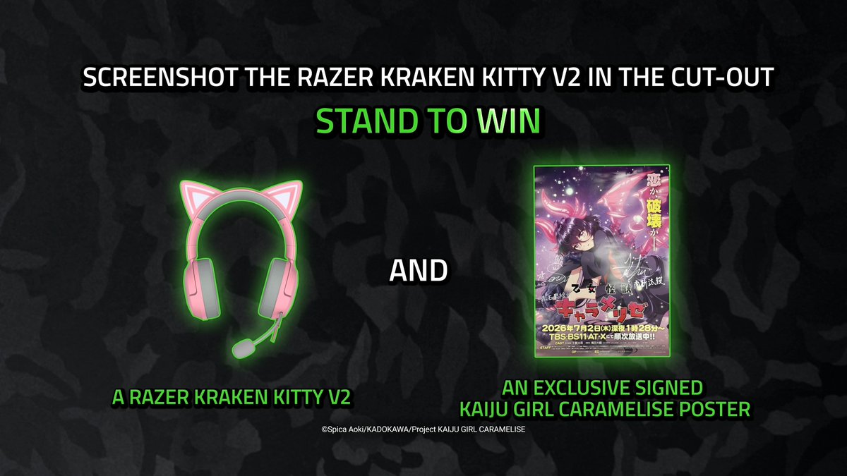 Razer Axon is teaming up with Pony Canyon to bring KAIJU GIRL CARAMELISE to your desktop and mobile screens, with loot up for grabs: Screenshot the Razer Kraken Kitty V2 at the right moment for a chance to score the headset plus an exclusive signed KAIJU GIRL CARAMELISE poster. Giveaway ends 6 October, 5PM PT.