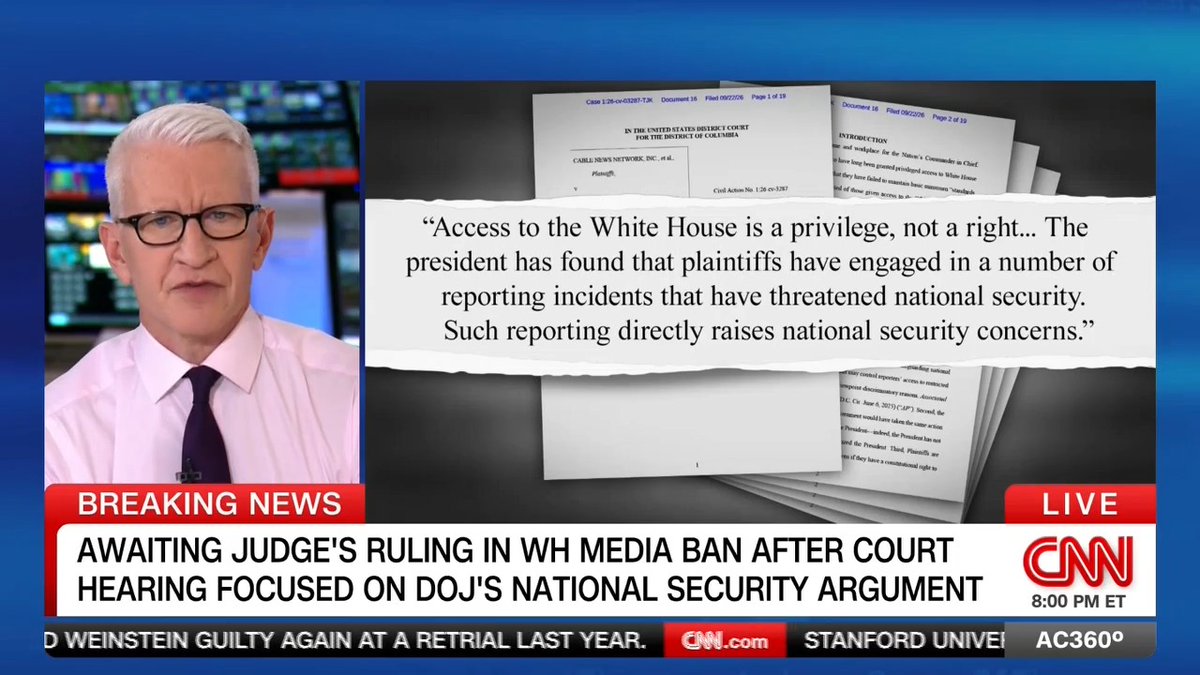 Awaiting a judge's ruling on the White House media ban after a court hearing focused on the DOJ's national security argument. Anderson Cooper has the latest.