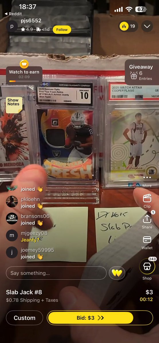 WhatNot host literally dealing blackjack on his channel. Hit 21, get a slab. Bust, get a regular card in the mail. Can't make this stuff up 'It's not an online casino' 🃏🃏 ...His account has already been banned btw... 🤦‍♂️
