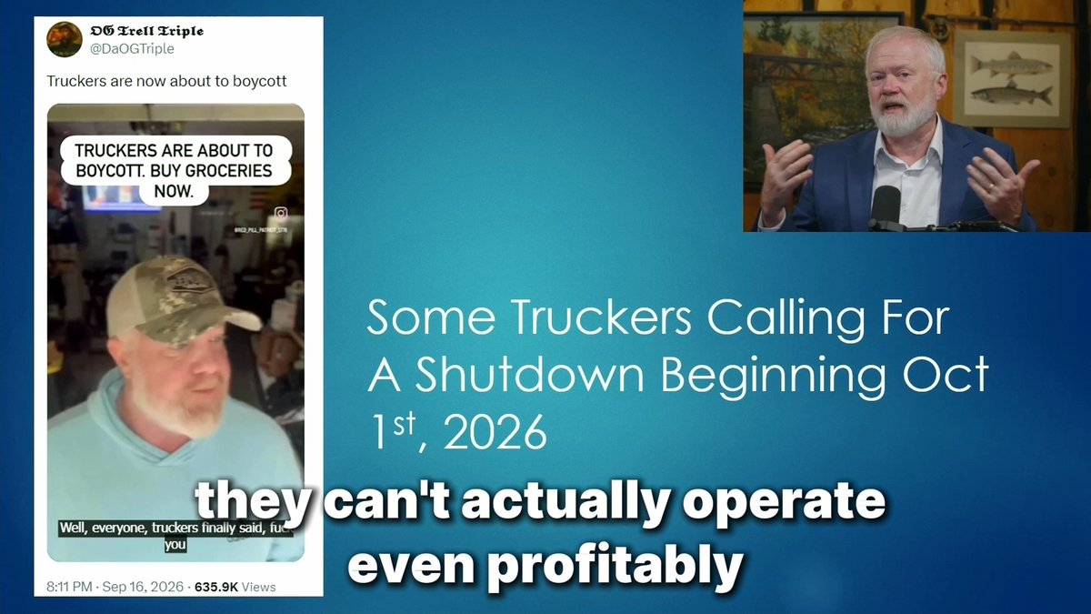 Things are about to get a lot worse, and everything that's happening right now seems to be happening by design. ➡️ Railroad CFO calling fuel prices something out of sci-fi ➡️ Truckers calling for a strike on October 1 over fuel costs ➡️ Farmers saying it may not be worth harvesting their crops Meanwhile, there's no real effort to stop the attacks on Russian energy infrastructure, to get the Strait of Hormuz reopened, or to get the Bab el-Mandeb Strait reopened. Full report: It's time to get prepared.