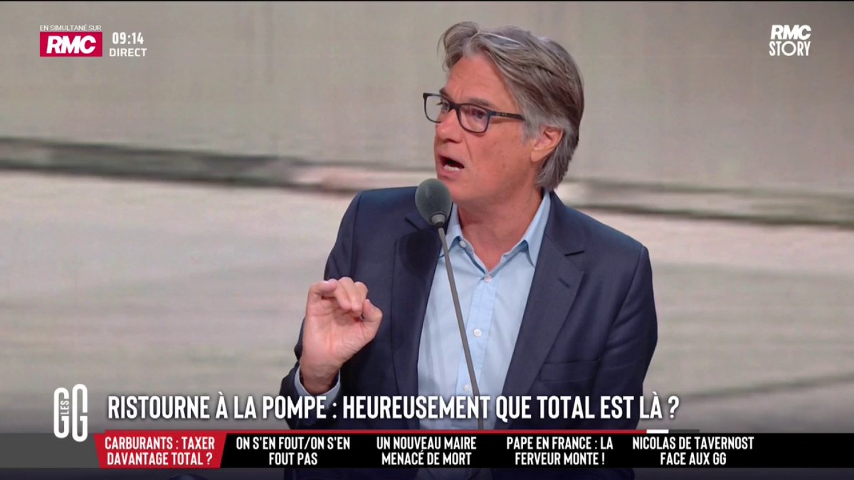 🚨 "Jean-Luc Mélenchon devrait dire : Merci Monsieur Pouyanné." 🗣️ Alain Marschall : "Grâce à Total et à Monsieur Pouyanné, la seule répercussion sur les prix se fait en France. Mélenchon devrait arrêter de demander la nationalisation. Sinon on serait dépendants des autres pétroliers." #GGRMC