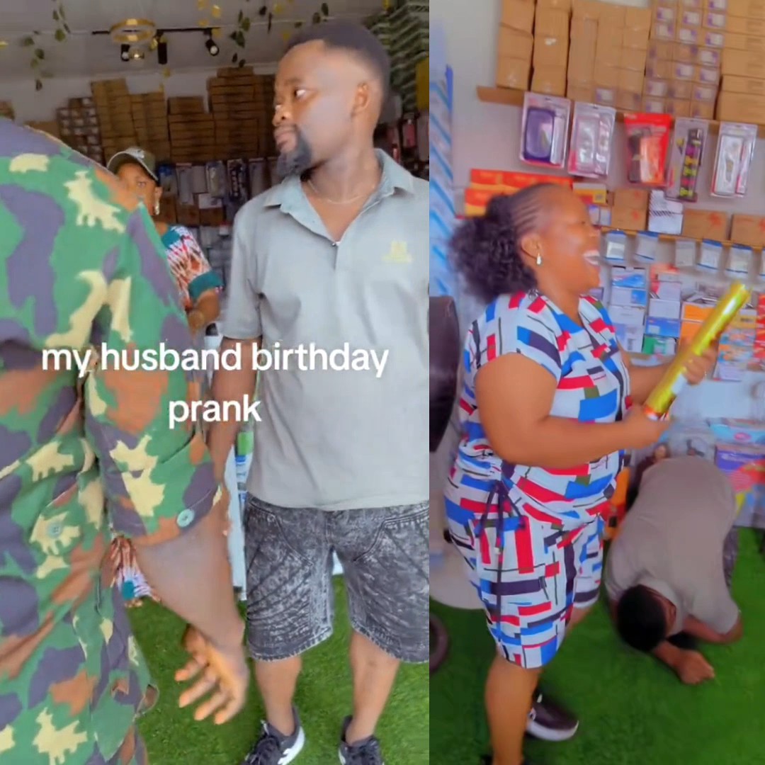 Wife pulls a stunt on her husband on his birthday as another woman arrives at his shop with men dressed in military camouflage, pretending to arrest his wife, while the husband begs them to forgive her without knowing it was all part of a surprise.