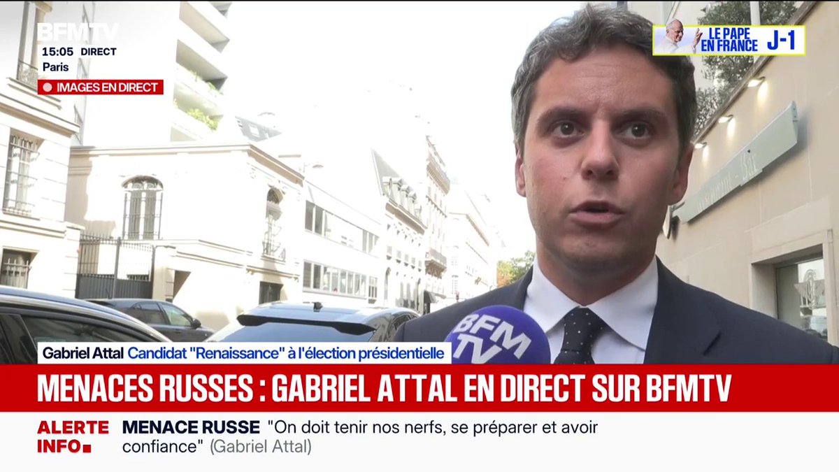 Menace russe: "La volonté de Vladimir Poutine est de faire peur", assure Gabriel Attal, candidat Renaissance à l'élection présidentielle
