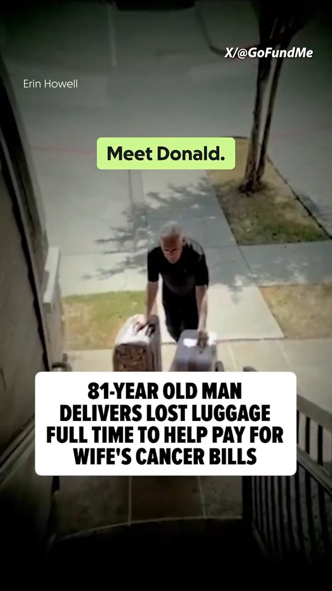 ❤️ 81-year-old Donald went viral for working long hours returning lost luggage to support his wife of 57 years, who is battling cancer and struggling with medical bills. After seeing him struggle to carry her belongings, a woman started a GoFundMe that has raised $70,000, hoping to give Donald more time to care for his beloved wife. 🫂🫡 🎥: X/gofundme