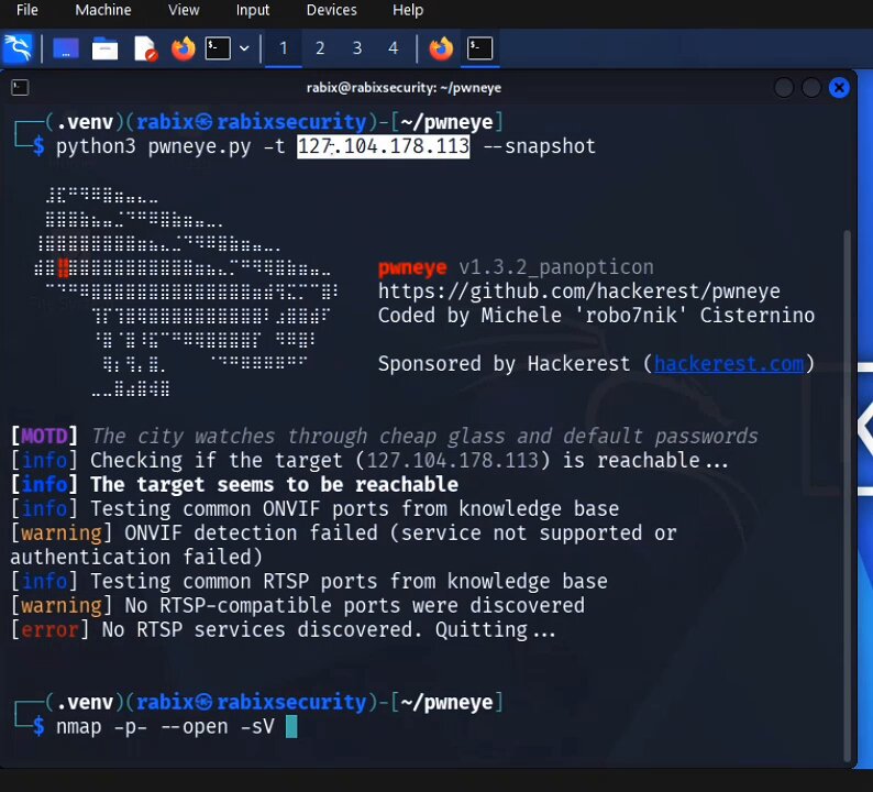 🔍 IP Camera Security with Nmap &amp; PwnEye A quick look at how security analysts identify exposed camera services like ONVIF and RTSP during authorized security testing. Secure your devices Test only systems you own or have permission to assess #IPCamera #NetworkSecurity #InfoSec