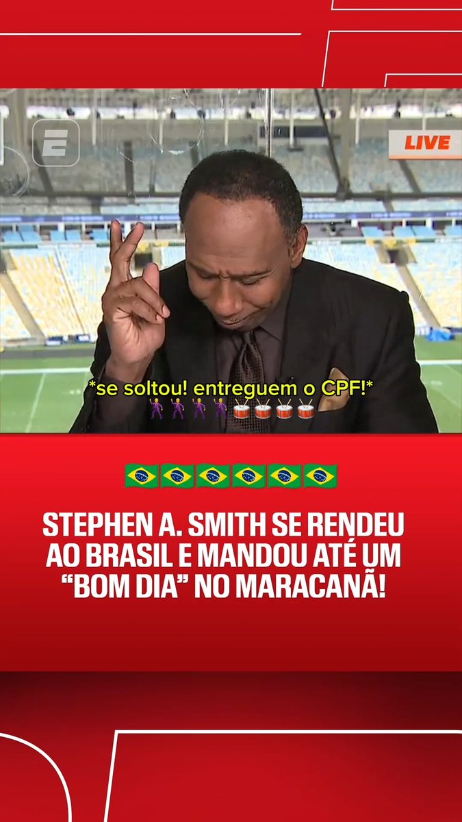 STEPHEN A. SMITH JÁ PODE RECEBER UM CPF! 🇧🇷❤️ A lenda da ESPN participou do First Take diretamente do Maracanã, dançou, falou em português e até aprendeu como chamamos o “football” (🏈) por aqui. Stephen, você já ganhou o coração dos brasileiros! #ESPN #StephenASmith