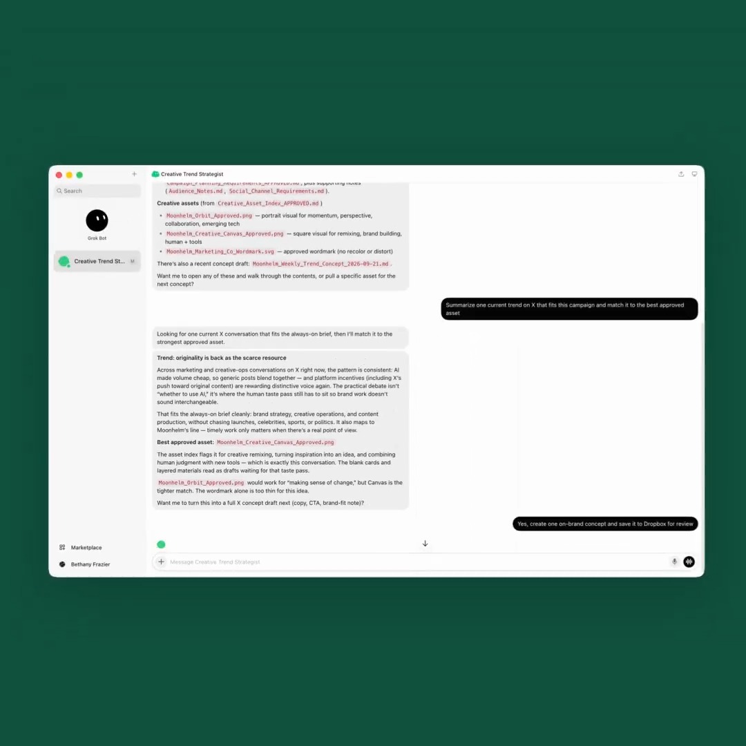 Dropbox is now available in Grok Bot. Give Grok Bot a role and a goal, and it can use briefs, assets, research, and project context from Dropbox to help get the work done.