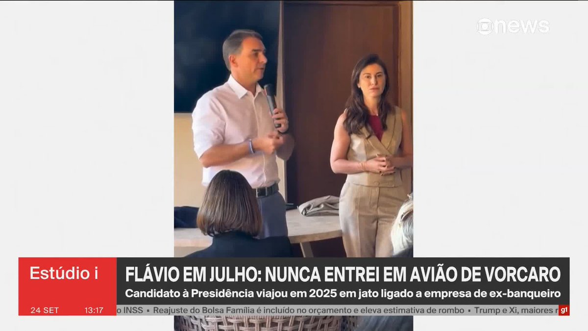 Em julho deste ano, Flávio Bolsonaro (PL) afirmou em uma reunião com um grupo de mulheres nunca ter entrado em avião de Daniel Vorcaro. "Quero garantir a todas vocês aqui que a única relação que eu tenho com o Vorcaro é sobre o filme do meu pai. (...) Nunca entrei em avião de Vorcaro", afirmou o senador. ️➡️#Estudioi de segunda a sexta, às 13h, na #GloboNews