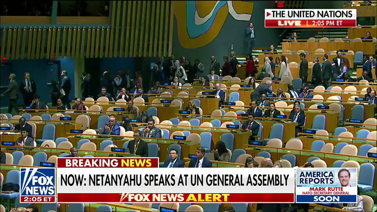 "If there are any other moral cowards who haven't yet left this hall, please do so now." ⠀ Israeli Prime Minister Benjamin Netanyahu opens his address to the United Nations General Assembly in New York with a sharp rebuke as delegates walk out of the hall in protest of his speech.