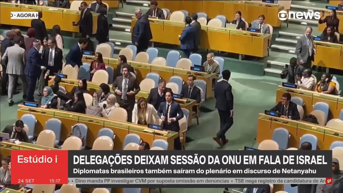 Delegações deixam sessão da ONU durante fala de Netanyahu. Diplomatas brasileiros também saíram do plenário. ➡️ #Estúdioi - de segunda a sexta, às 13h, na #GloboNews.