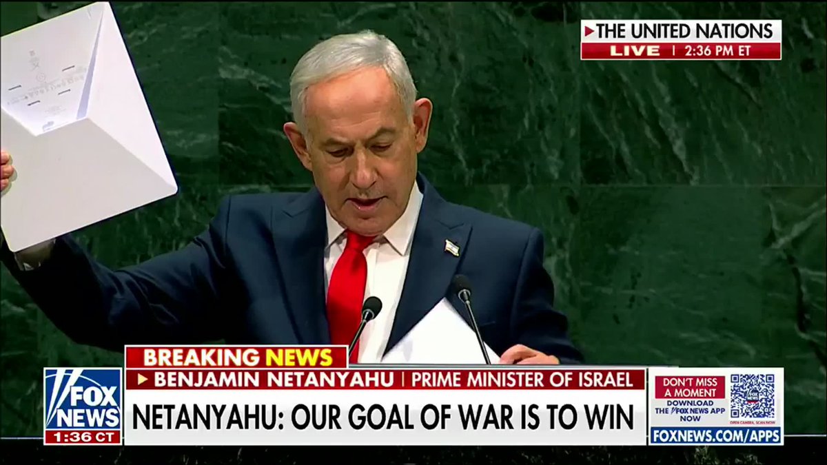 "This is a communications device, Starlink, that allows people to access truth, to exercise choice, to exercise freedom of thought and freedom of speech." Israeli Prime Minister Benjamin Netanyahu holds up a Starlink device at the United Nations as he takes aim at the Iranian government's restrictions on internet access. "I'm going to leave this device with you so you can give it to the Iranian delegation. So when they inevitably defect, they too will be able to freely tell their story on social media."
