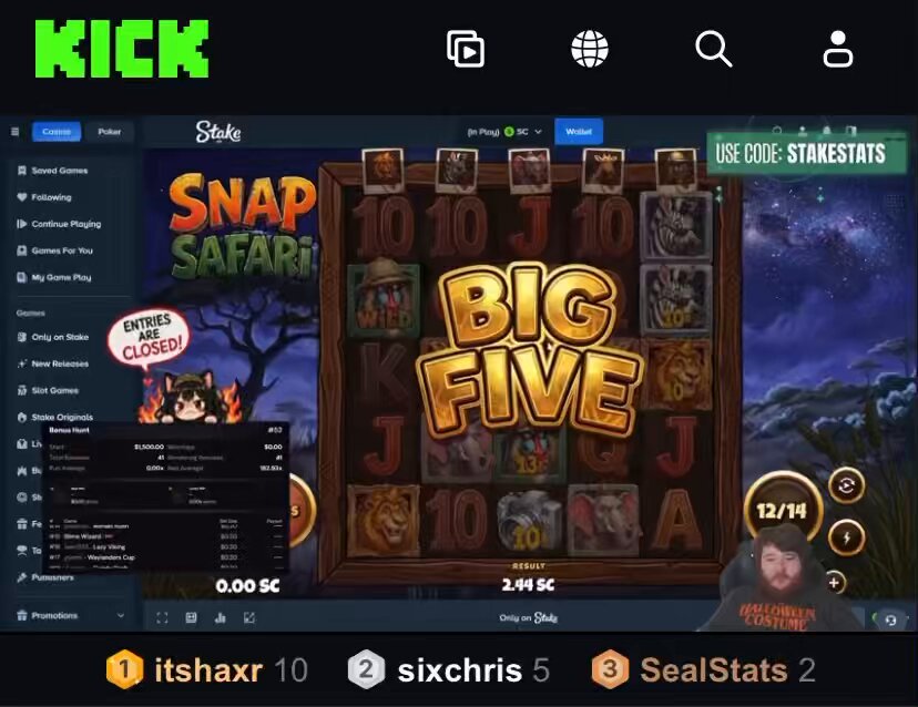 sealstats on Snap Safari Big Five hits, bonus symbols stack with 5x, then a Super Win rolls into 191.04 SC. “There you go.”