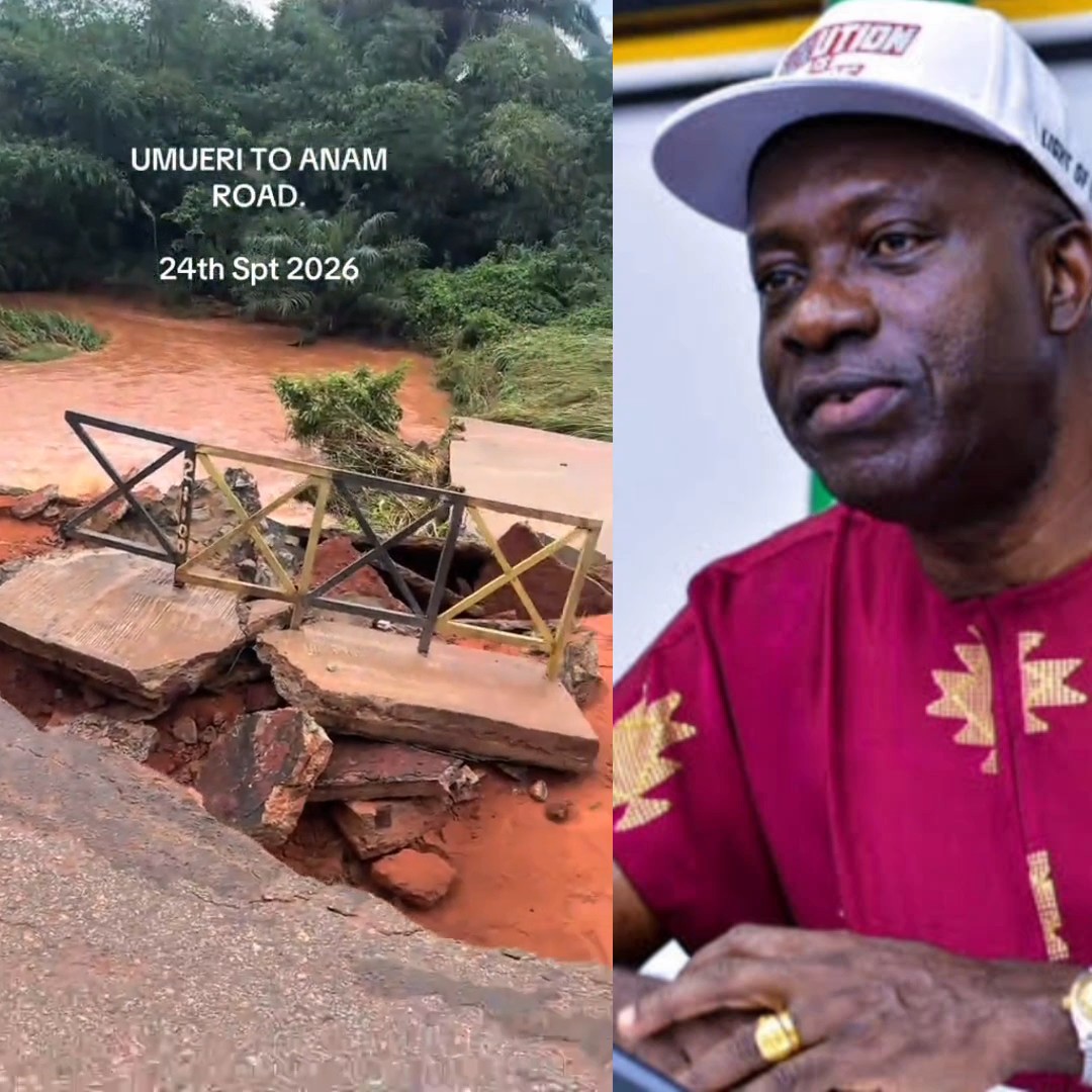 Man shows the condition of the road from Umueri to Anam in Anambra State.