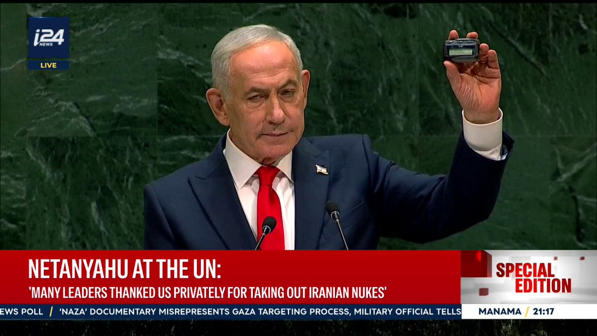 Israeli Prime Minister Netanyahu displays a pager at the UN General Assembly: ‘Hezbollah wanted to kill us, and their leaders have been eliminated'.