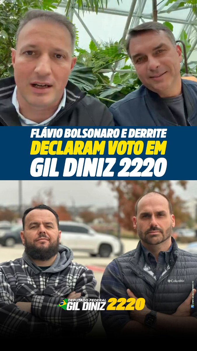 A eleição mais decisiva de nossa história se aproxima e a responsabilidade por ser o indicado de Eduardo Bolsonaro em São Paulo é gigantesca. Obrigado pelo apoio de peso a nossa candidatura: Flávio Bolsonaro e Guilherme Derrite ! Juntos venceremos e vamos resgatar nosso Brasil! Bolsonarista raiz em São Paulo vota assim: - Federal Gil Diniz 2220 - Flávio Bolsonaro PRESIDENTE 22 - Governador Tarcísio 10 - Derrite senador 111 - André do Prado senador 222