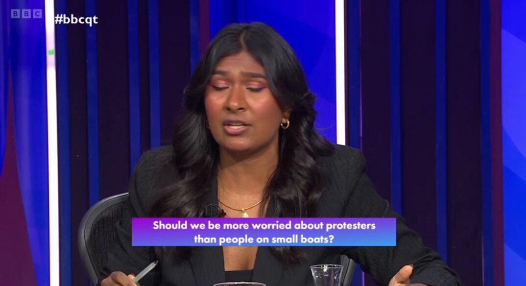 Why does #bbcqt have people like Ash Sarkar on? She claims that men who are concerned about invaders coming to our country are displaying small-penis behaviour &amp; that they're a bunch of guys who want to feel like big men because their wives won’t let them see their kids. Deport.