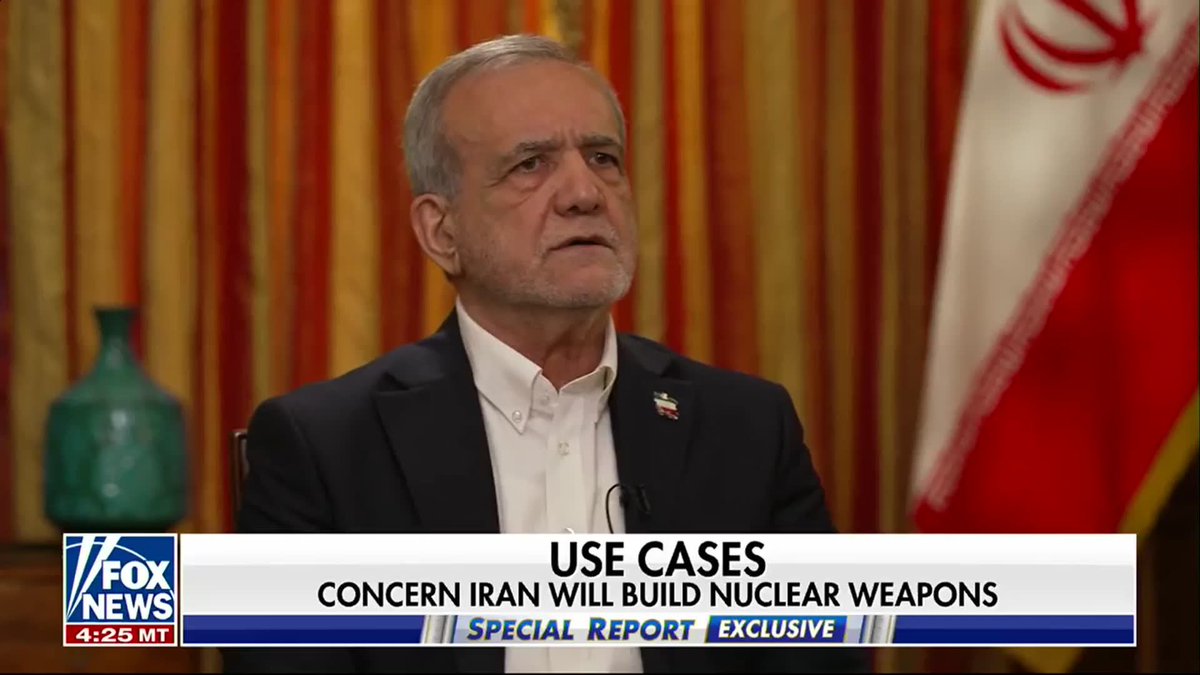 "Do you want a nuclear bomb or not?" Bret Baier cuts to the chase in an exclusive interview with Iranian President Masoud Pezeshkian, directly questioning the leader about his country's nuclear ambitions. "Not at all. Not at all," Pezeshkian responds, insisting Iran does not seek nuclear weapons and saying Tehran was willing to dilute the material. When asked why Iran needed uranium enriched to 60%, Pezeshkian claimed "it's not a big deal" to dilute the material. Special Report