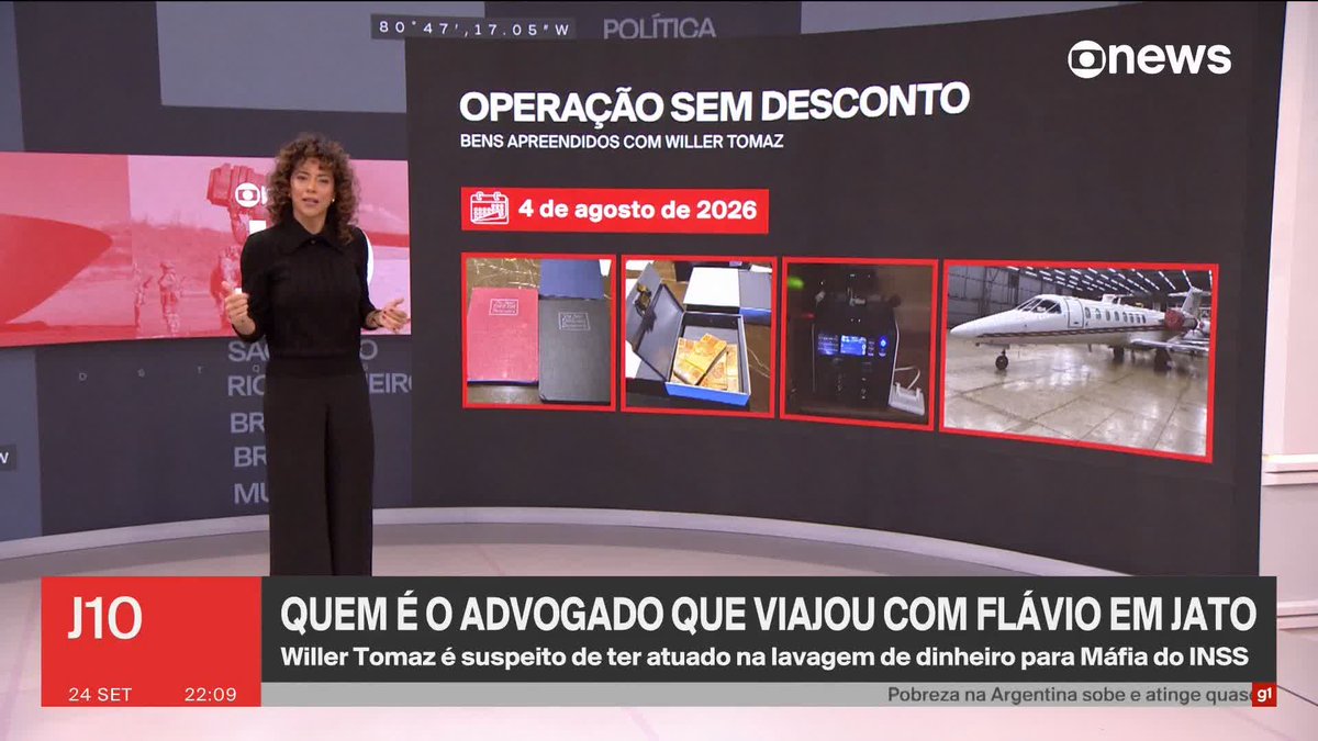 Quem é Willer Tomaz, advogado que viajou com Flávio Bolsonaro em jato? Ele é suspeito de ter atuado na lavagem de dinheiro para Máfia do INSS. Saiba mais no J10. ➡️ #J10 - de segunda a sexta, às 22h, na #GloboNews.