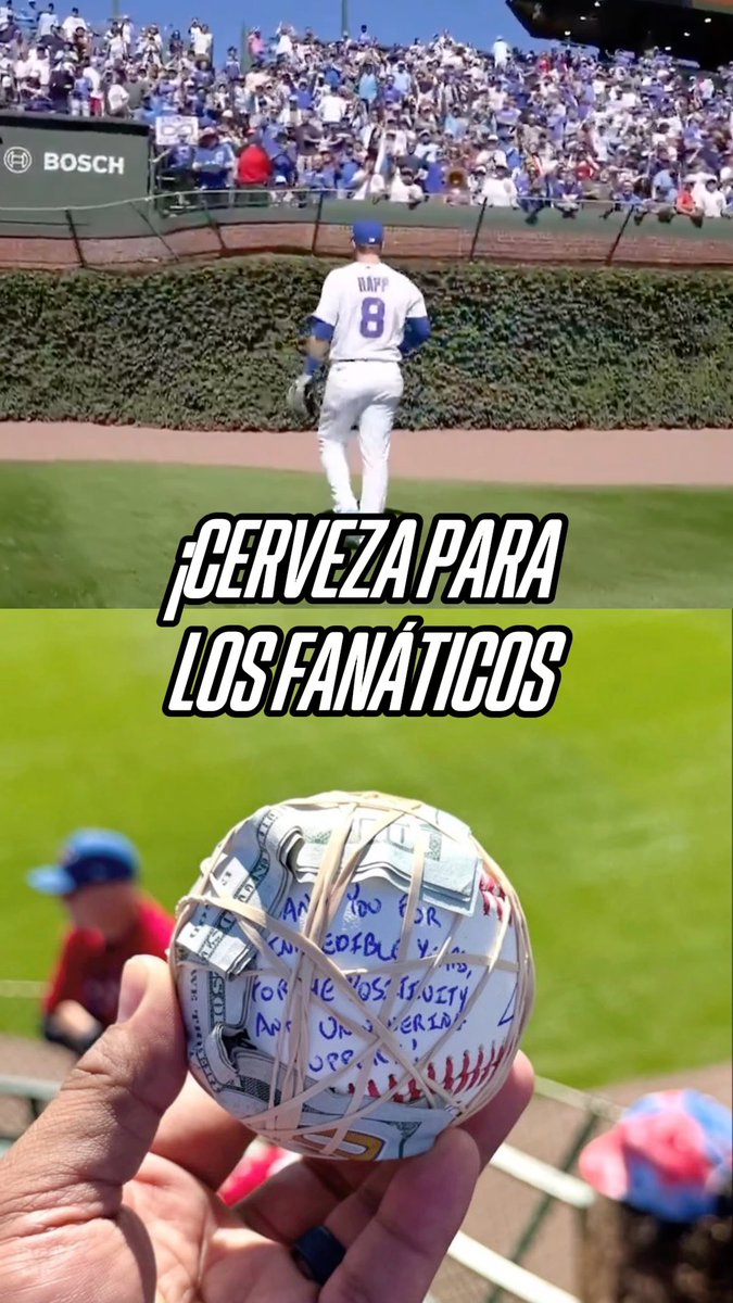 Último partido de temporada regular en Wrigley Field Y el jardinero de los Cubs, Ian Happ invitó algunas cervezas para los aficionados de esa zona del campo. ⚾🍺 Happ envolvió el dinero en una pelota y después la lanzó