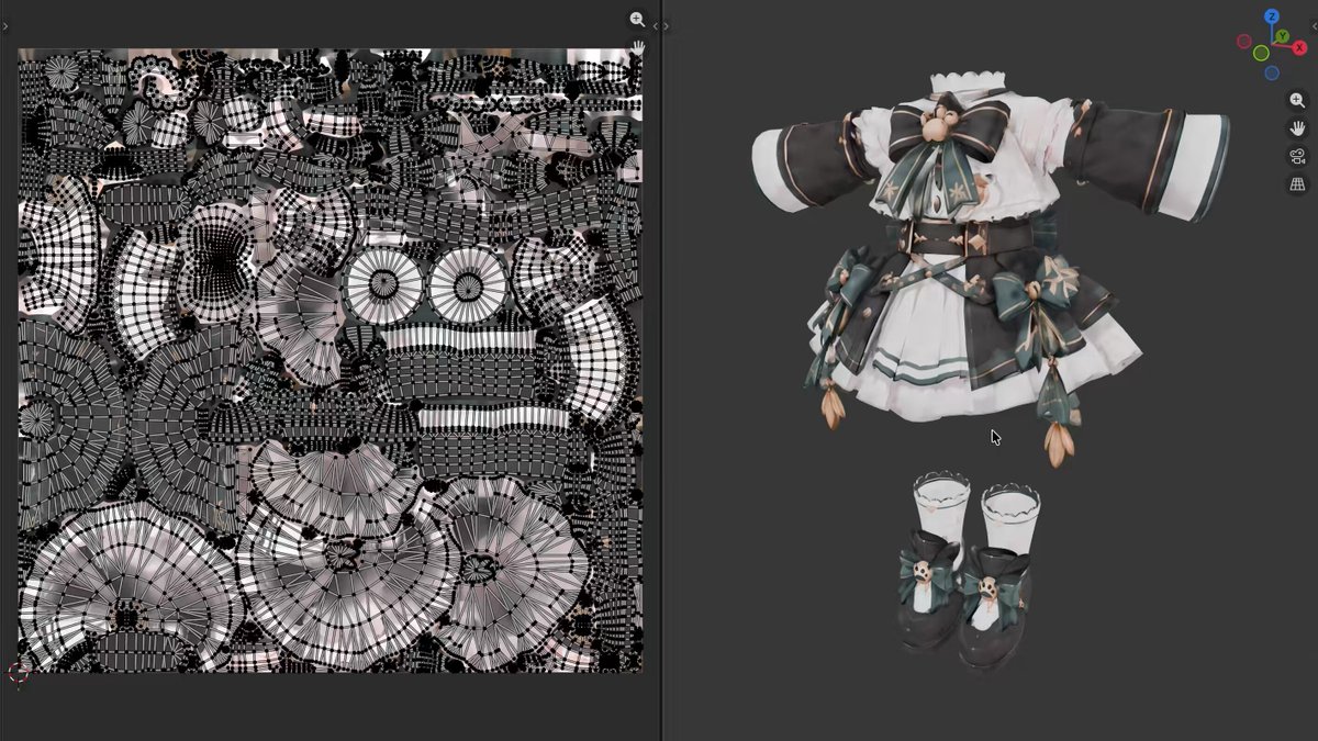 専門知識0でも、AIと“いい感じ”の3D制作へ。 Blender × Astra × Tripo 3Dキャラ制作パイプライン育成中。 今日は顔以外をTripoで3D生成。 Smart UVでテクスチャ空間の使用率が34.9%→79.3%になりました✨ その後、Tripo Studioでテクスチャを生成。 一部にUVの重なりや模様の崩れが残ったため、AstraがBlender上で検査・修正し、リボンや靴へテクスチャを転写。 教材では、この辺りの専門作業を購入者が覚えるのではなく、Astraが実行・検査する設計にします。 人が担当するのは、作りたい姿を伝え、結果に「OK／修正」を返すこと。 そんな3D制作を目指します。