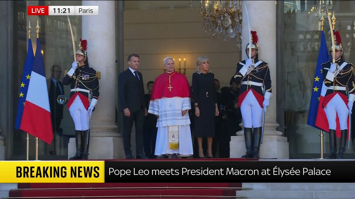 BREAKING: Pope Leo has met with President Emmanuel Macron at Élysée Palace in Paris as he begins his four-day visit to France, the first in 18 years.