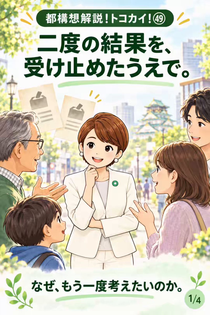 【都構想解説！トコカイ！㊾】 💡なぜ、二度否決された都構想に、もう一度挑むのか💡 トコカイを始めて、いちばんよく聞かれる質問かもしれません。 大きなまちづくりの権限は府へ。 一方で、暮らしに身近なことは、皆さんが選ぶ地域の代表と決めていく。 毎日の小さな安心を、何十年先にもつなげたい。今日は、都構想で目指す大阪の未来をお話しします。 疑問や不安も含めて、これからも解説していきます。 ＃大阪都構想 ＃トコカイ ＃大阪維新の会
