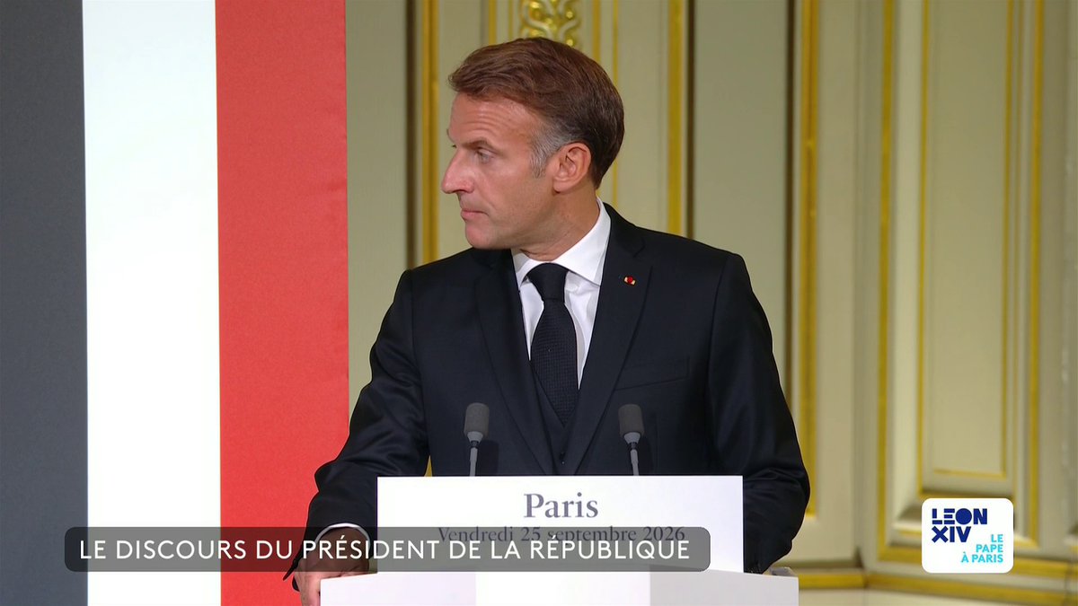 🔴 🗣 "Très Saint-Père, nous sommes fiers de vos racines normandes", déclare Emmanuel Macron, qui évoque le lien entre la France et le pape, mais aussi l'Eglise. #canal16