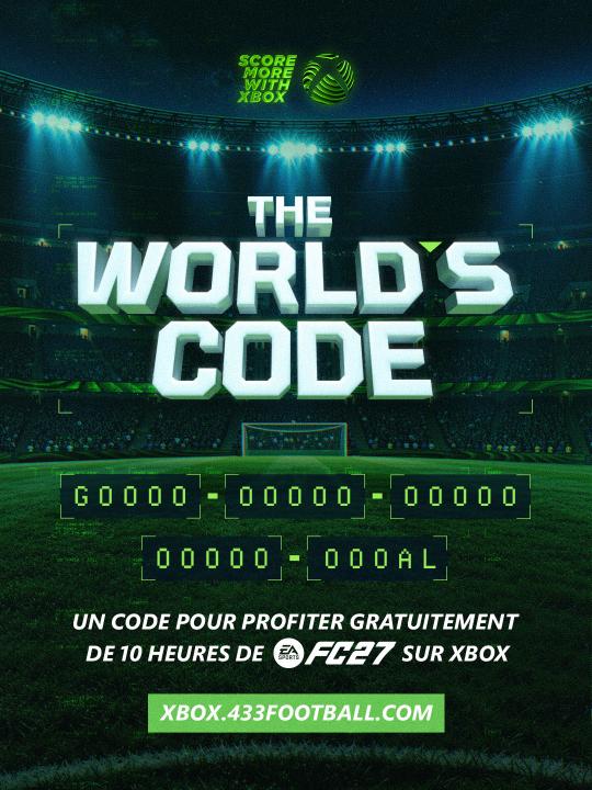 Tu veux tester EA FC 27 GRATUITEMENT ? On s'occupe de toi 🤝 The World's Code te donne une chance d'accéder à un essai de 10h d'EA FC 27 ⚽️ Tout fan de football connaît le code, mais il y a peut-être un indice dans la vidéo 👀 #ScoreMoreWithXBOX ➡️