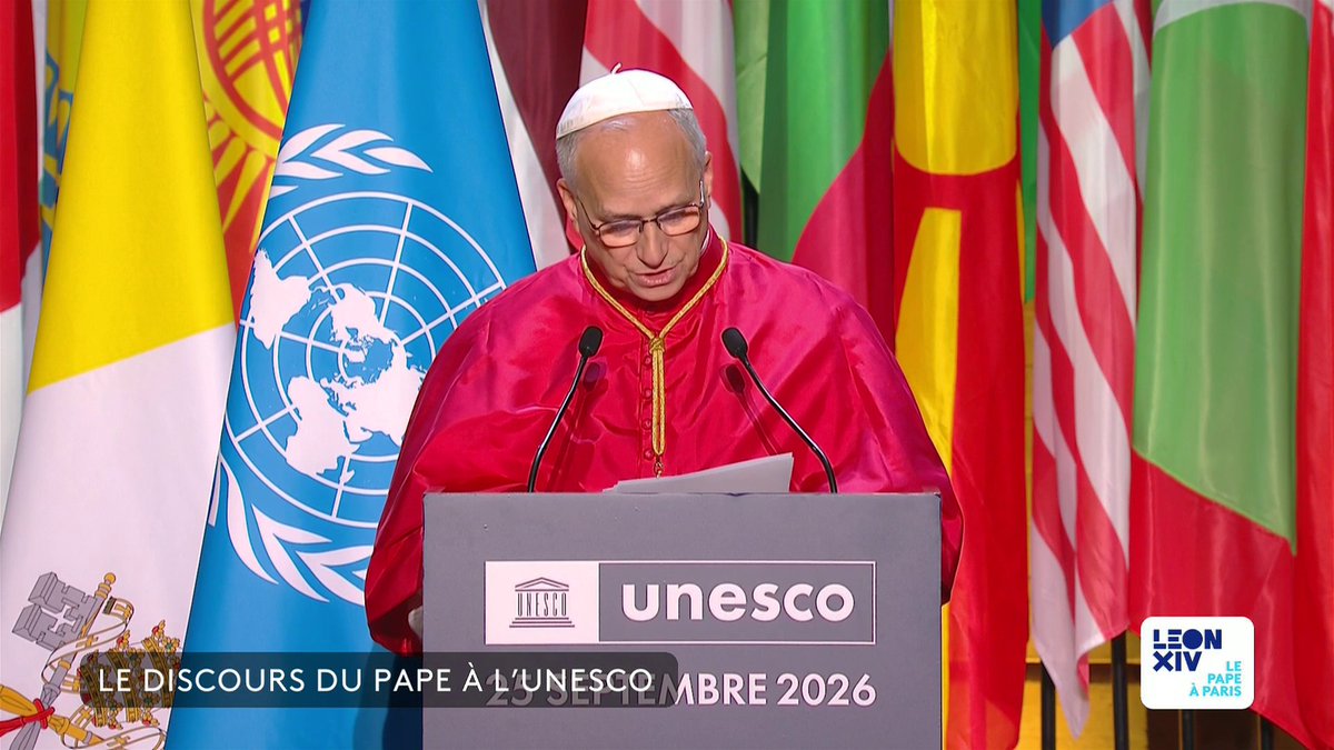 🔴 🗣 Le pape à l'Unesco : "En ce moment de notre histoire, nous devons reconnaître que [la] plus [terrible] des œuvres humaines est la guerre", affirme le souverain pontife. #canal16