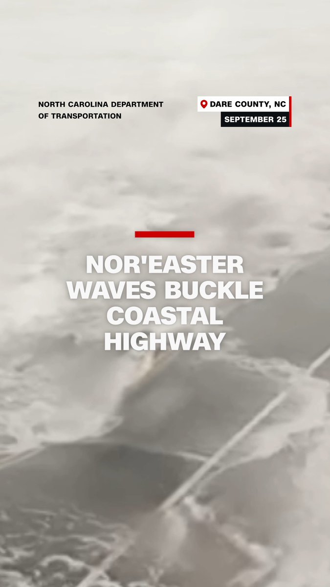 Video shows waves surging across cracked North Carolina Highway 12 after ocean water spilled over protective sand dunes in the Outer Banks as a nor'easter starts to batter the Mid-Atlantic coast. The storm has brought coastal flooding from North Carolina to New Jersey since Wednesday, with conditions expected to worsen through the weekend as wind gusts reach up to 60 mph and some areas see up to 5 inches of rain. Read more: