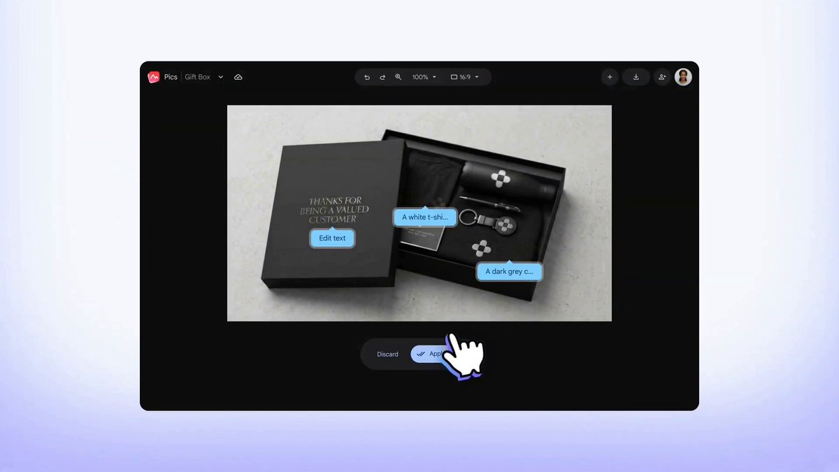 Mocking up branded merchandise used to mean weeks of effort... 🛠️ With Google Pics, you can import your brand logo, stage high-end corporate merch packages, and refine individual items using simple text comments. Try it at