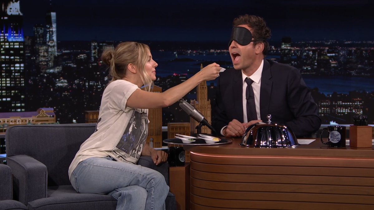 Sienna Miller gets Jimmy to guess what he's tasting while blindfolded in What’s In Your Mouth? 🤣 #FallonTonight