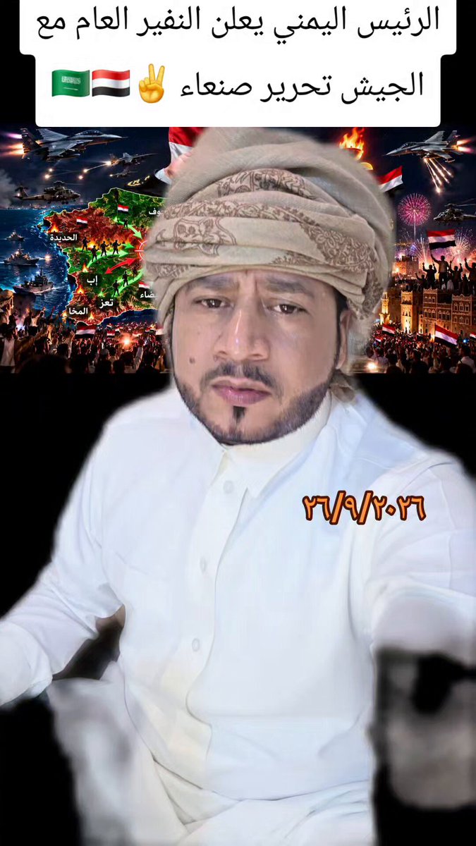 الشعب✌️🇾🇪 اليمني بدأ يتسلّح بعد النفير العام. لا نؤمن بالأمم المتحدة، نؤمن بفوهات البنادق وتحرير صنعاء. شكراً على هذا الخطاب، فخامة الرئيس اليمني، وشكراً لسعوديتنا.