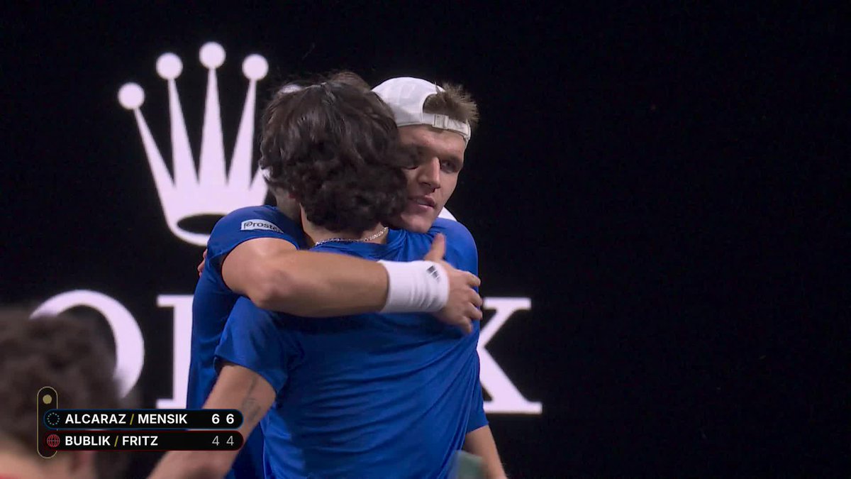 Signed, sealed, delivered 📩 Carlos Alcaraz and Jakub Mensik defeat Bublik/Fritz 6-4, 6-4 to give Team Europe a 3-1 lead after Day 1. #LaverCup #TennisUnrivaled