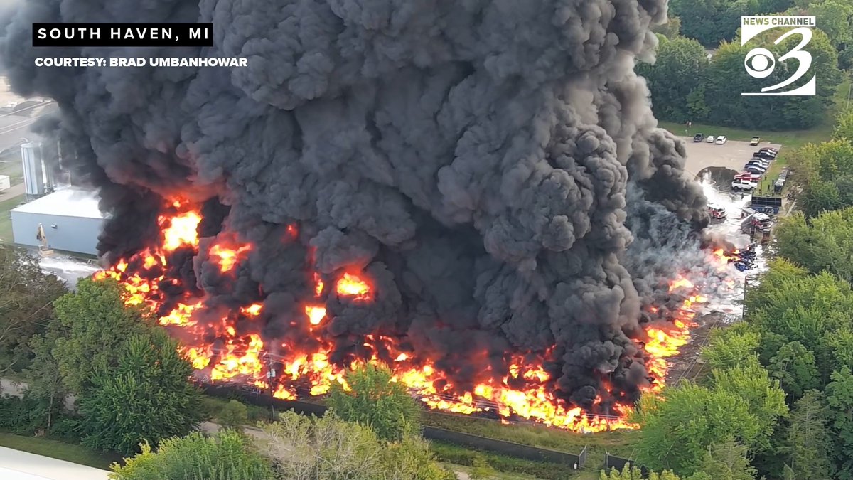 DRONE: Brad Umbanhowar flew his drone over East Jordan Plastics in South Haven as a fire continues burning on Friday. 📷: Brad Umbanhowar STORY: