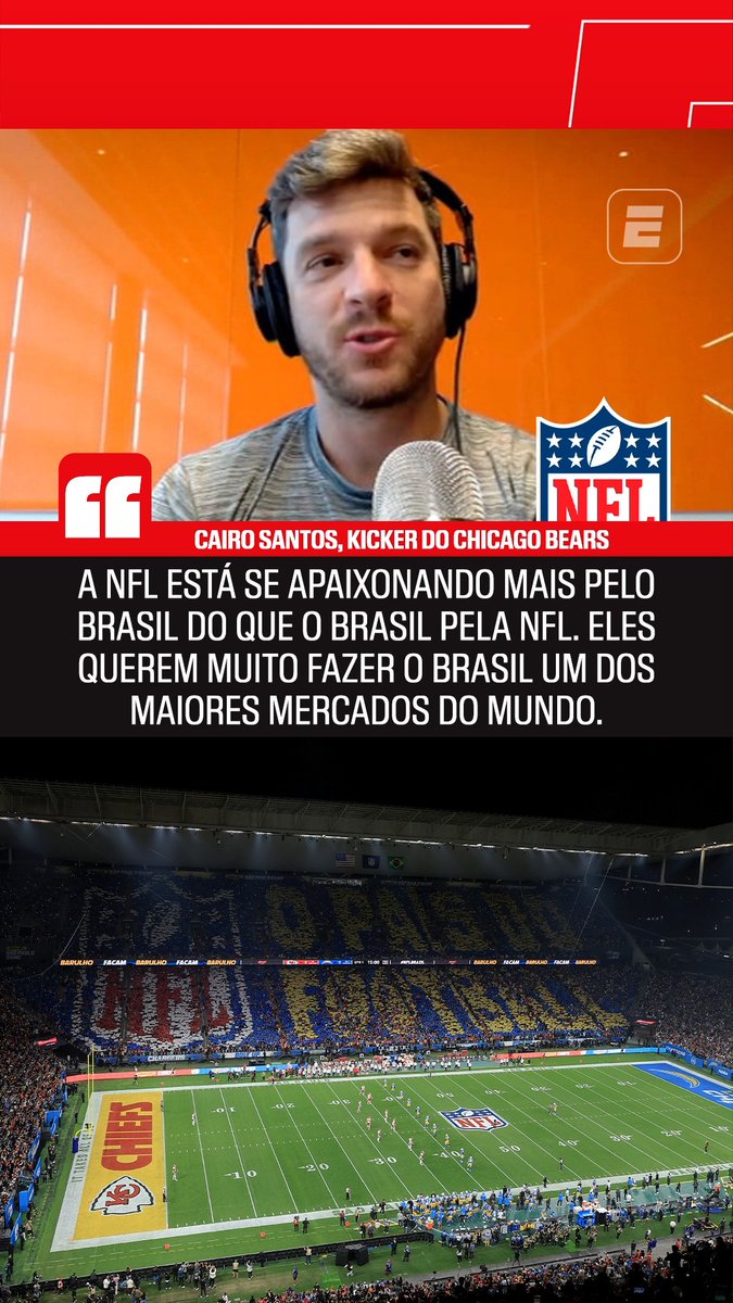 "SE APAIXONANDO" 👀😍 Cairo Santos falou sobre a movimentação da NFL para trazer jogos ao Brasil e destacou que a liga está se apaixonando pelo país do futebol e que tornar o nosso país um dos maiores marcados de futebol americano do mundo. #NFLnaESPN #NFL