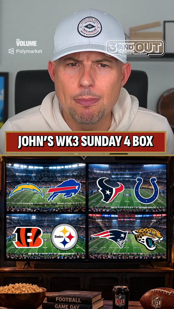 .John Middlekauff's NFL Sunday 4 Box: Week 3 🏈📺 Chargers-Bills Texans-Colts Bengals-Steelers Patriots-Jaguars Middlekauff breaks down the 4 NFL games he’s putting on his main TV this Sunday.