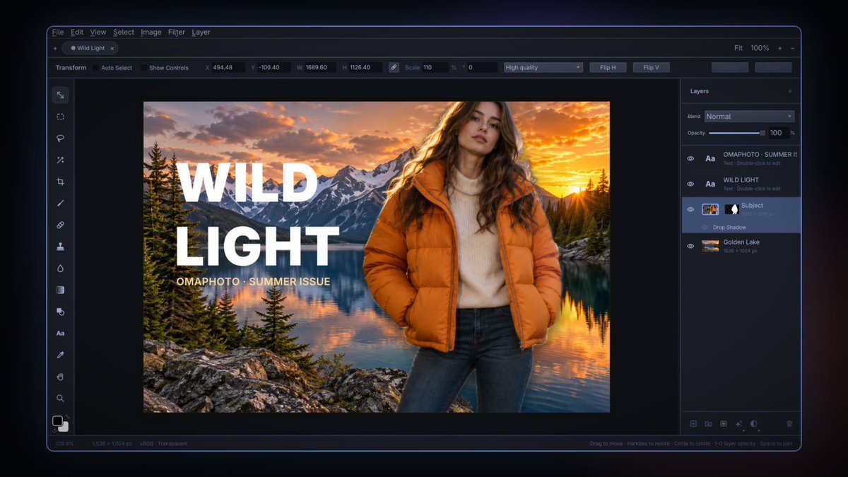DHH Now Omarchy has a photoshop level photo editing tool. Thank you Robbie Tilton for the awesome Compositor! It has a theme sync specifically for Omarchy Linux. But the standard functions will work on Fedora, Ubuntu as well. Fully open-sourced on: