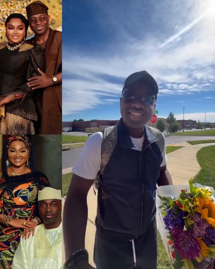 Lovely moment Mercy Aigbe’s husband, Kazim Adeoti, surprised her in the U.S.