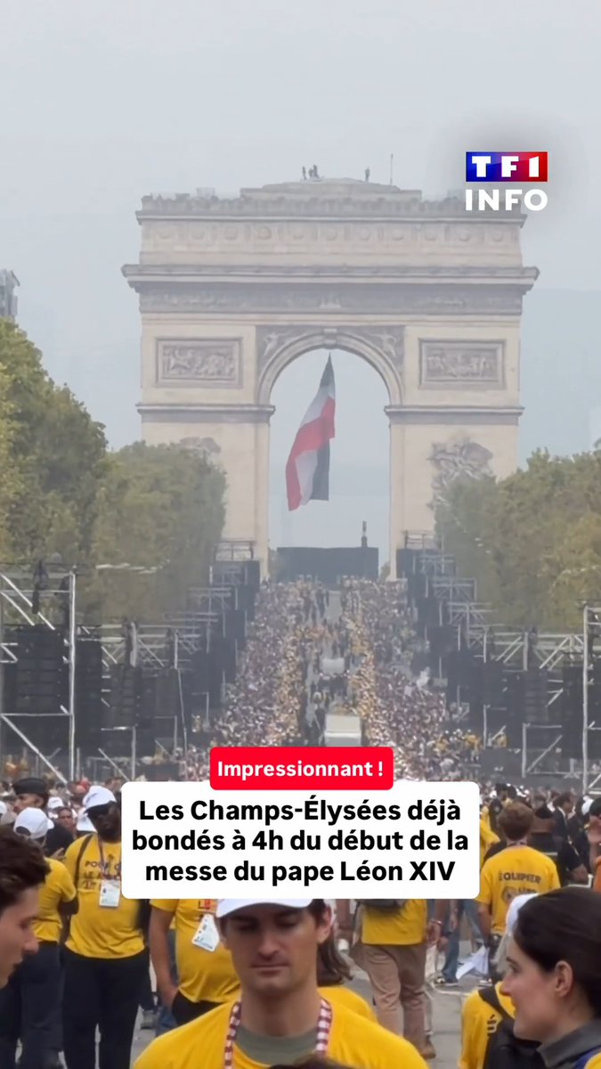 Visite du Pape Léon XIV en France : à quelques heures de la messe géante place de la Concorde à Paris, où sont attendues quelque 600 000 personnes, les Champs-Élysées sont déjà bondés ! Regardez ⬇️