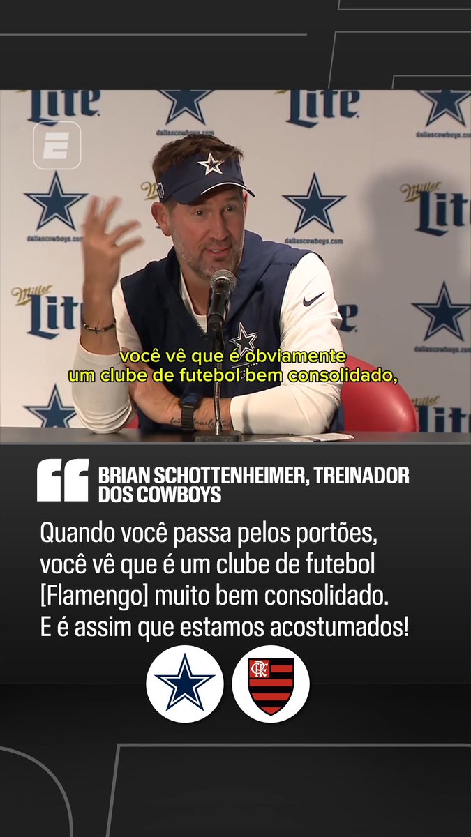 "Quando você passa pelos portões aqui (no CT do Ninho do Urubu), você vê que é um clube (Flamengo) muito bem consolidado. E é assim que estamos acostumados." 🎙️ Brian Schottenheimer, treinador do Dallas Cowboys. 🎥 ESPN Brasil | SportsCenter Brasil