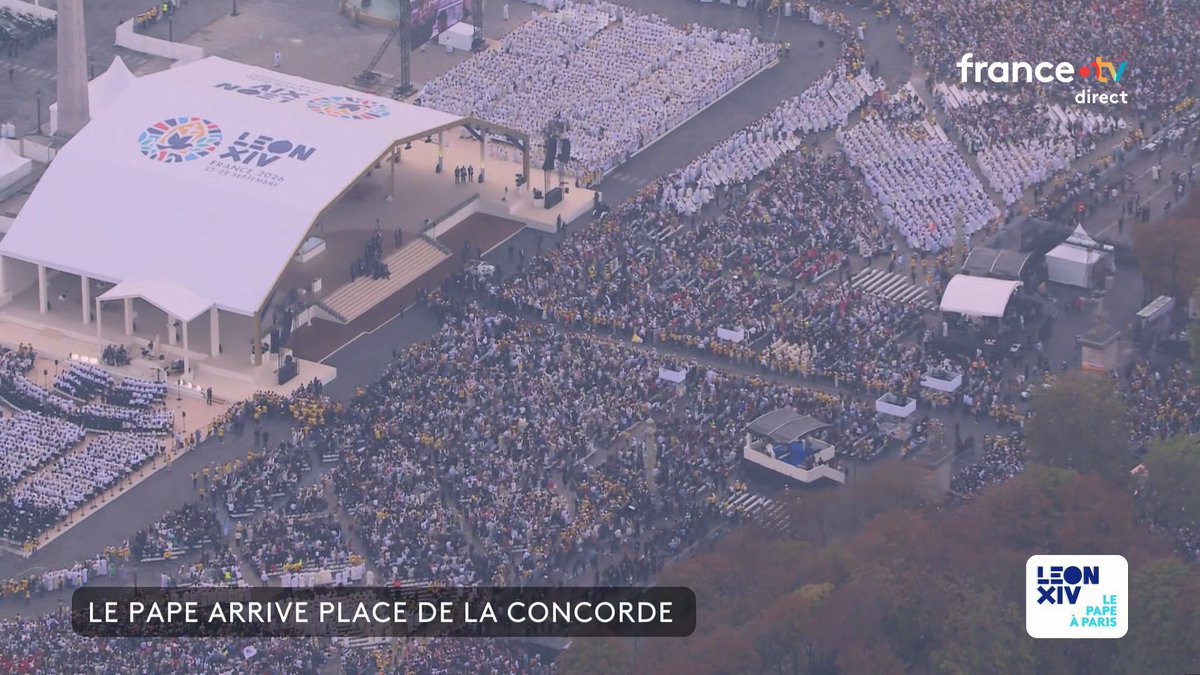 🔴 Le pape Léon XIV, après avoir descendu l'avenue des Champs-Elysées en papamobile, est arrivé place de la Concorde, où il va célébrer la messe devant près de 600 000 fidèles. #canal16