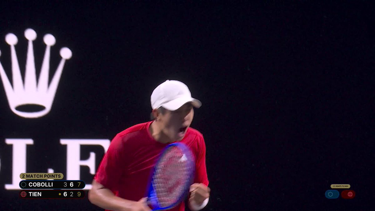 Put it in the book 📚 Learner Tien wins a 34-shot rally to defeat Cobolli 6-3, 2-6, [10-7] and bag two points for Team World. #LaverCup #TennisUnrivaled