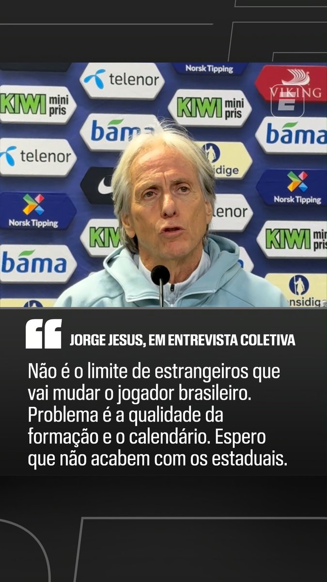 "Não é o limite de estrangeiros que vai mudar o jogador brasileiro. O problema está na qualidade da formação e no calendário." "Espero também que nunca acabem com os Campeonatos Estaduais, porque isso é um diferencial no crescimento do jogador brasileiro." 🎙️ Jorge Jesus. 🎥 ESPN Brasil | SportsCenter Brasil