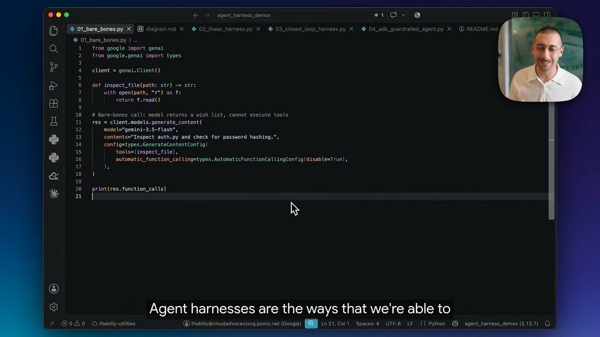 An unharnessed LLM can express intent, but it has no way to execute actions. The harness is what connects model intent to the real world: reading files, running tests, and executing code. Watch Billy Jacobson’s demo →
