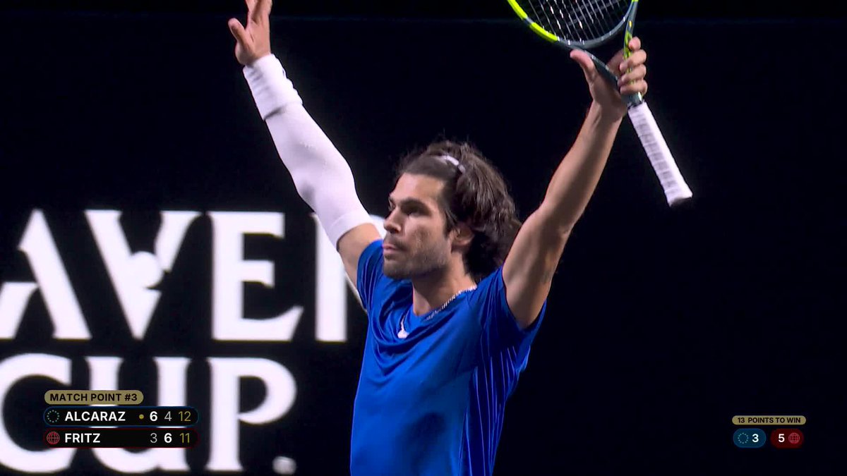 Sweet, sweet revenge 🔵 Carlos Alcaraz turns the tables on San Francisco, defeating Fritz 6-3, 4-6, [13-11]. #LaverCup #TennisUnrivaled