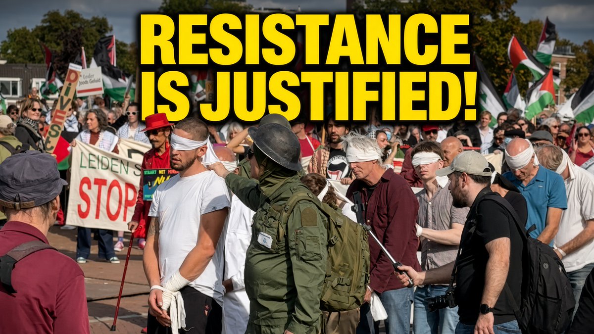 Resistance is justified!" 📣 De HAMAS-terreur van 7 oktober wordt hier nog snel even goedgepraat, net voordat de mars in beweging komt. Om de boodschap kracht bij te zetten, wordt vooraan ook een bizar toneelstukje met blinddoeken en soldatenpakken opgevoerd. #BDS