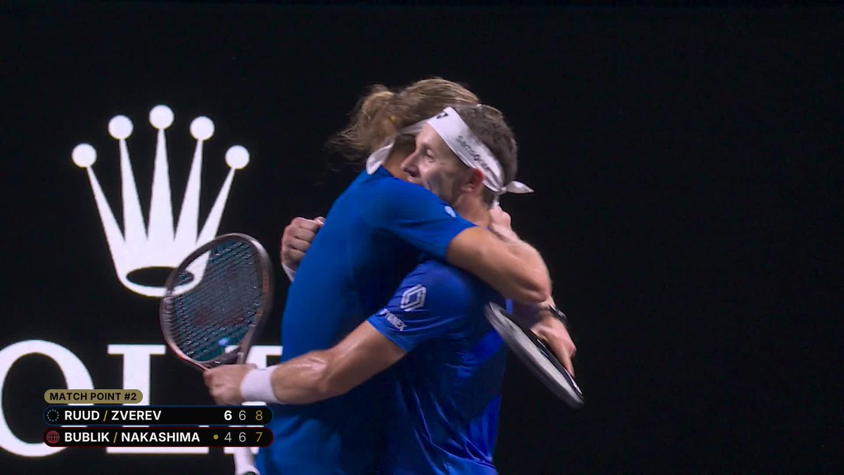 Order restored 😮💨 Casper Ruud and Alexander Zverev defeat Bublik/Nakashima 6-4, 7-6(7) to regain the lead for Team Europe. #LaverCup #TennisUnrivaled